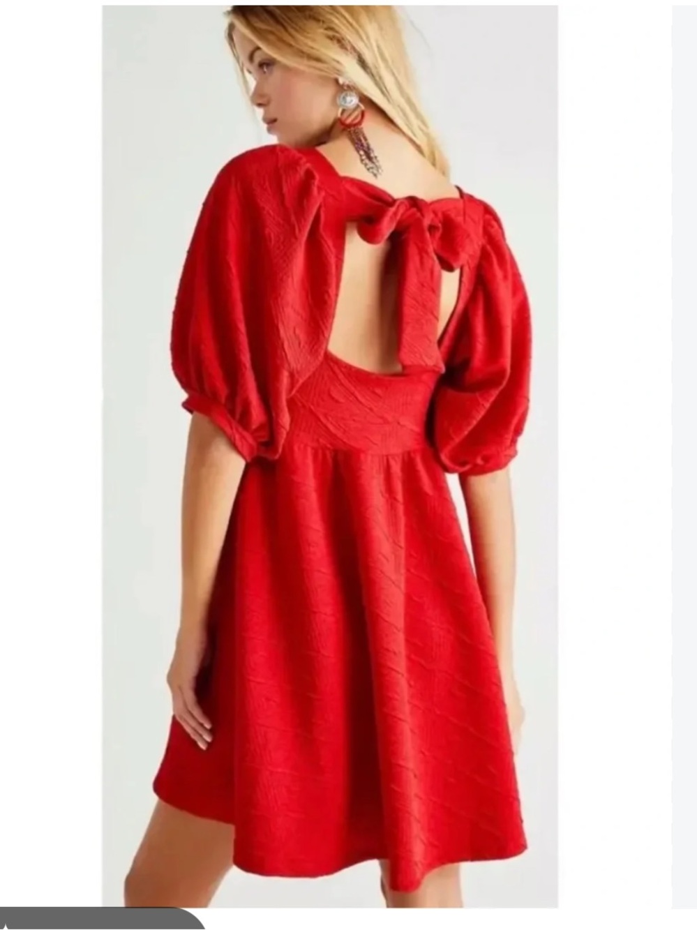 Free People violet babydoll Red Puff-Sleeve Tie-Back Mini Dress sz S with pocket